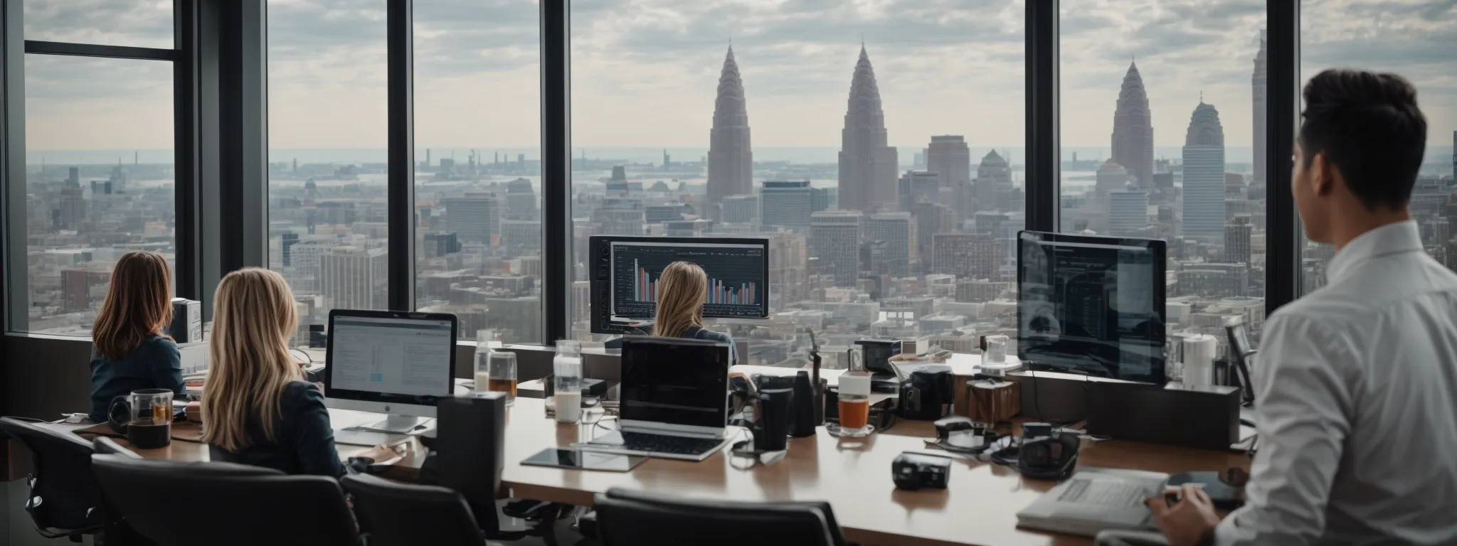 a professional team conducts an seo strategy meeting amidst the cleveland skyline, focusing on a computer screen displaying website analytics.