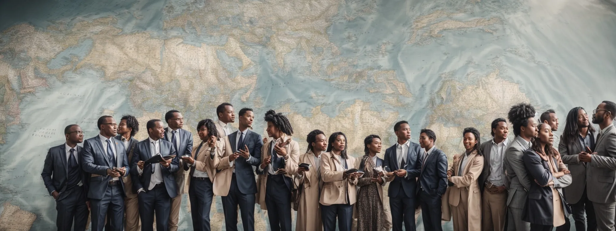a multi-ethnic group of professionals collaborates around a large world map, planning global marketing strategies.