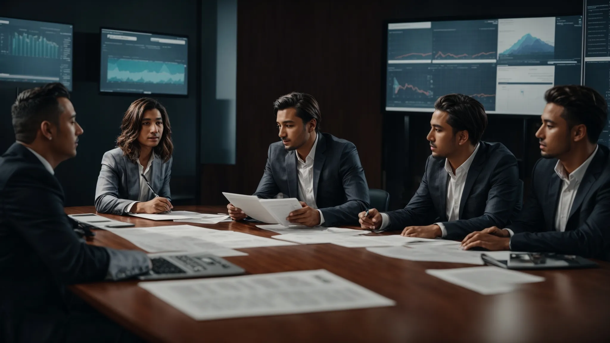 a group of professionals discussing strategies around a conference table with digital marketing charts projected on a screen.