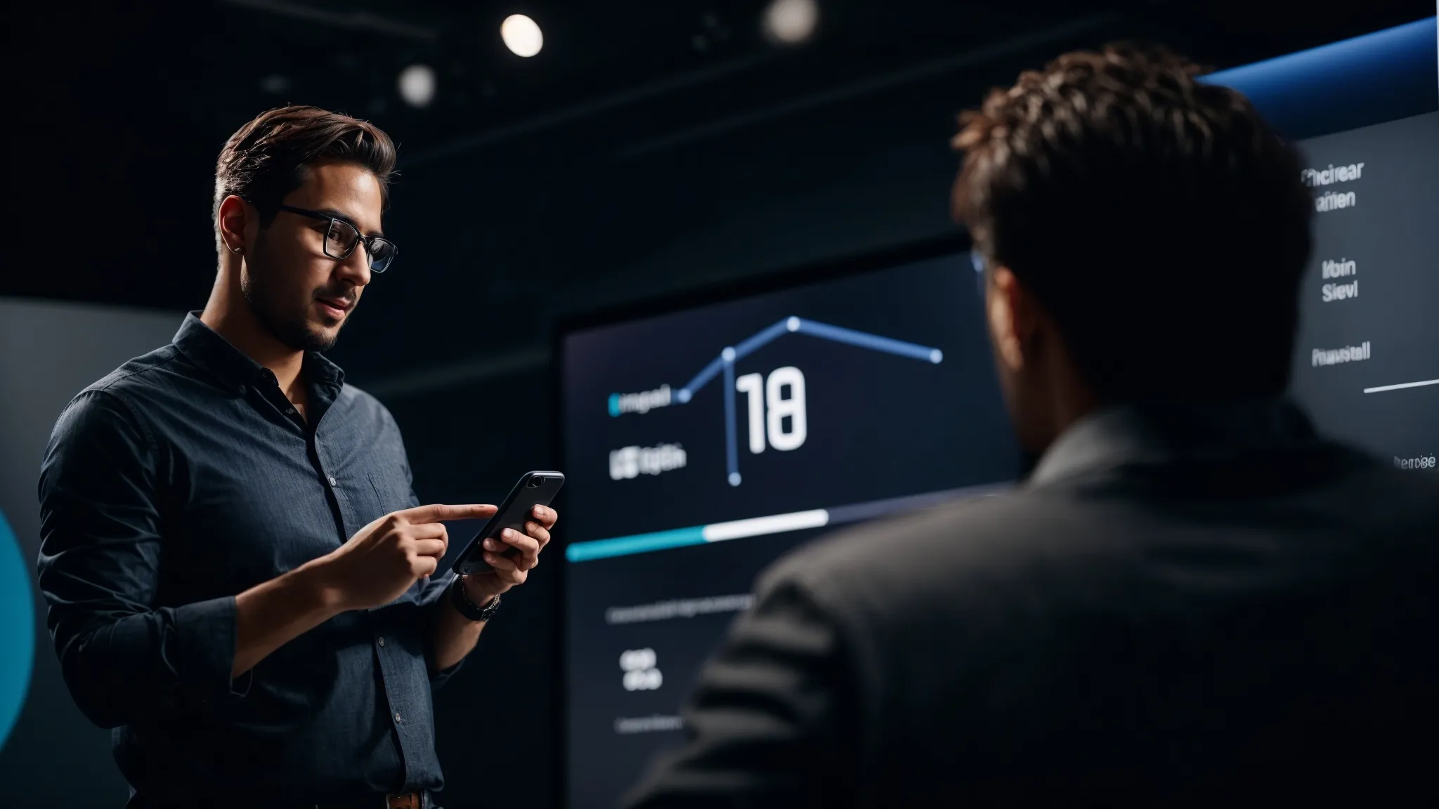 a marketer speaks into a smartphone, showcasing a voice search demonstration with a 2019 digital trend graph on the screen behind him.