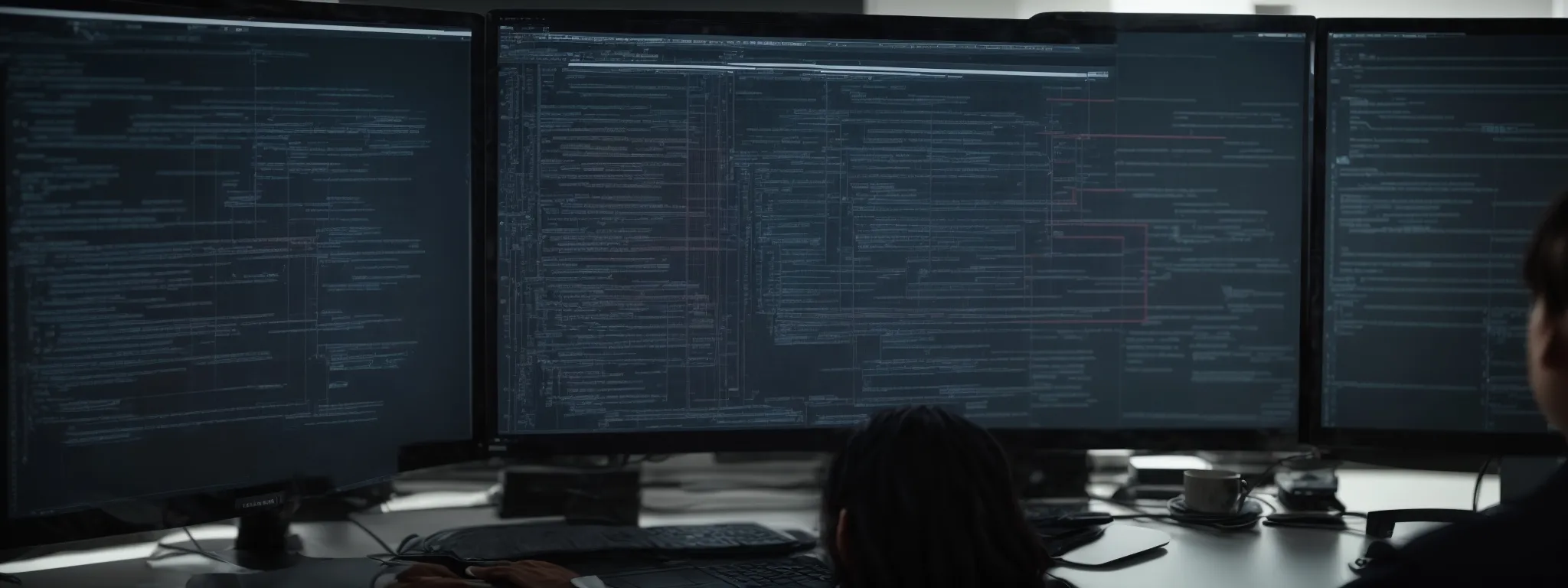 a web developer monitors a computer screen displaying a complex flowchart representing a website's hierarchical structure.