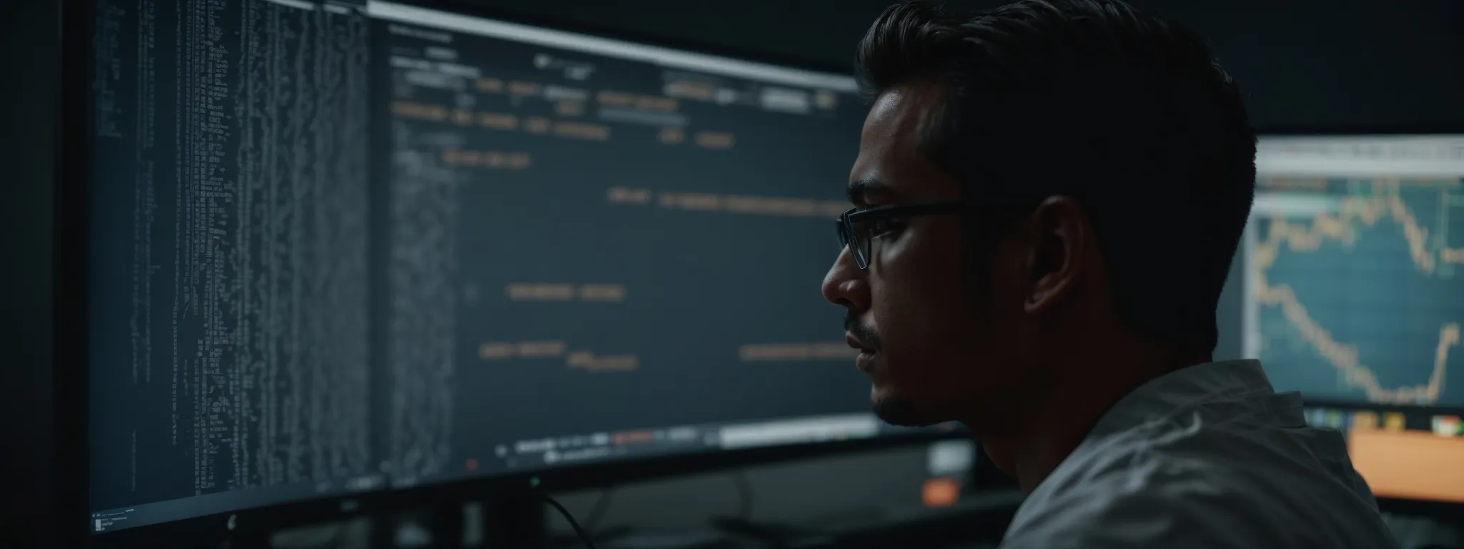 a web developer intently scrutinizes code on a computer screen, optimizing a website's seo settings.