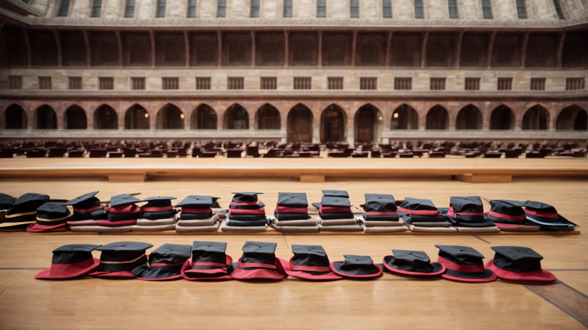 a row of distinguished academic caps lined up neatly against the backdrop of a university's grand hall.