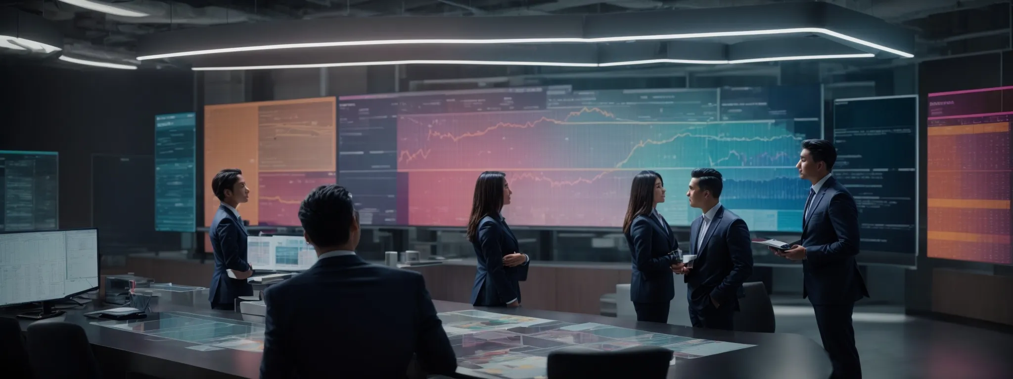 executives gather around a large digital screen displaying colorful flowcharts, strategizing over their business processes.