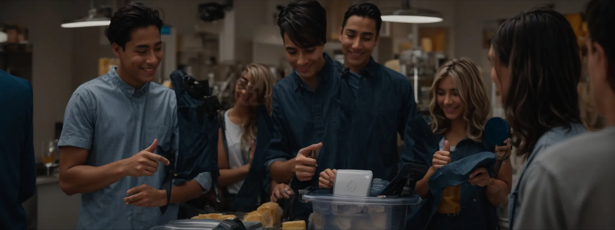 a group of smiling people examining a product while one shows a thumbs-up gesture.