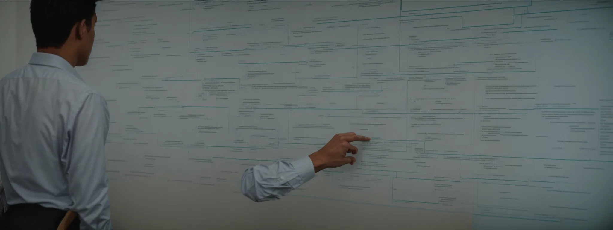 a person analyzing an organized, hierarchical diagram representing a website’s structure on a computer screen.