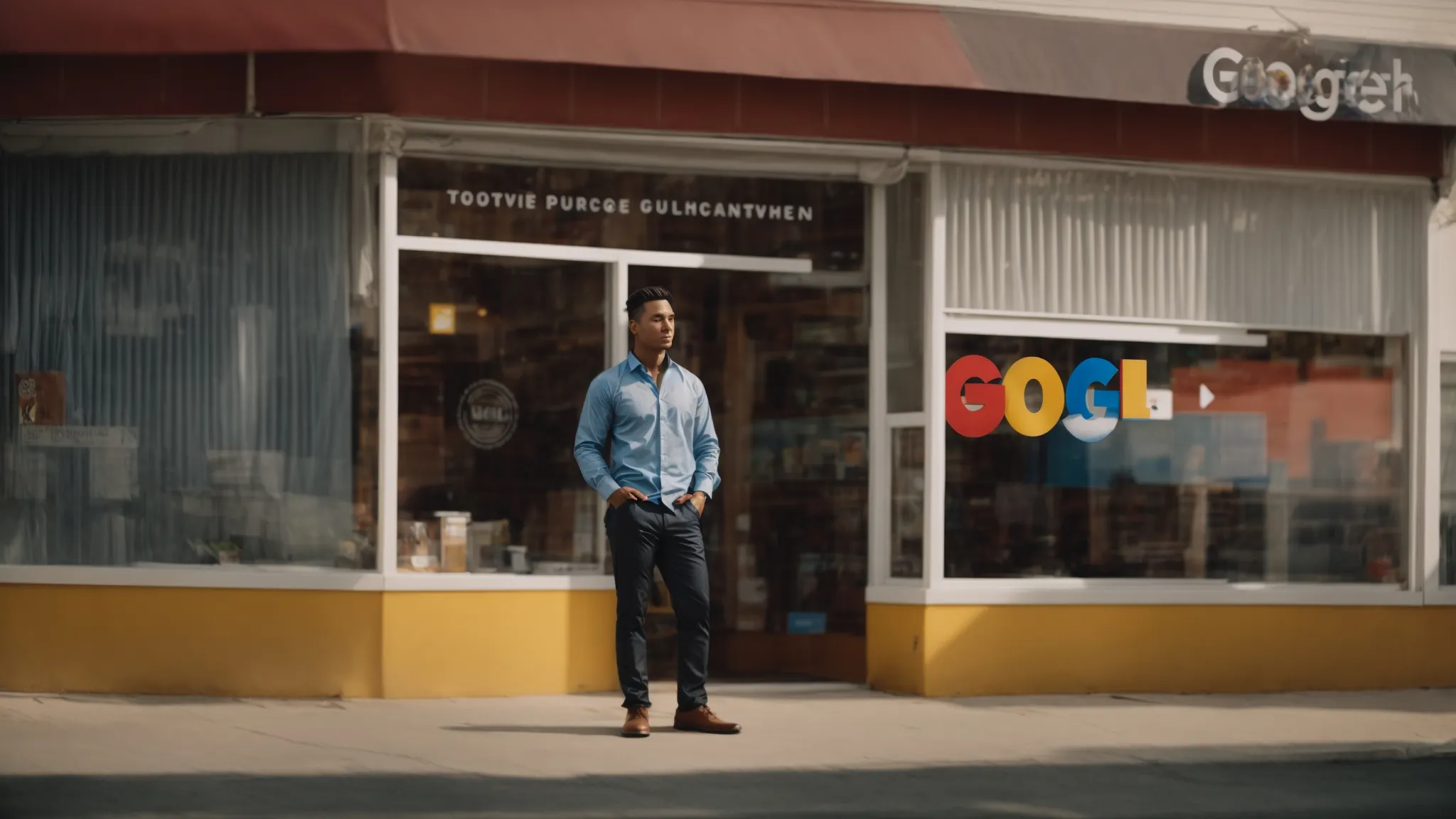 a confident business owner stands in front of a shop with a "google guaranteed" sticker prominently displayed on the window.