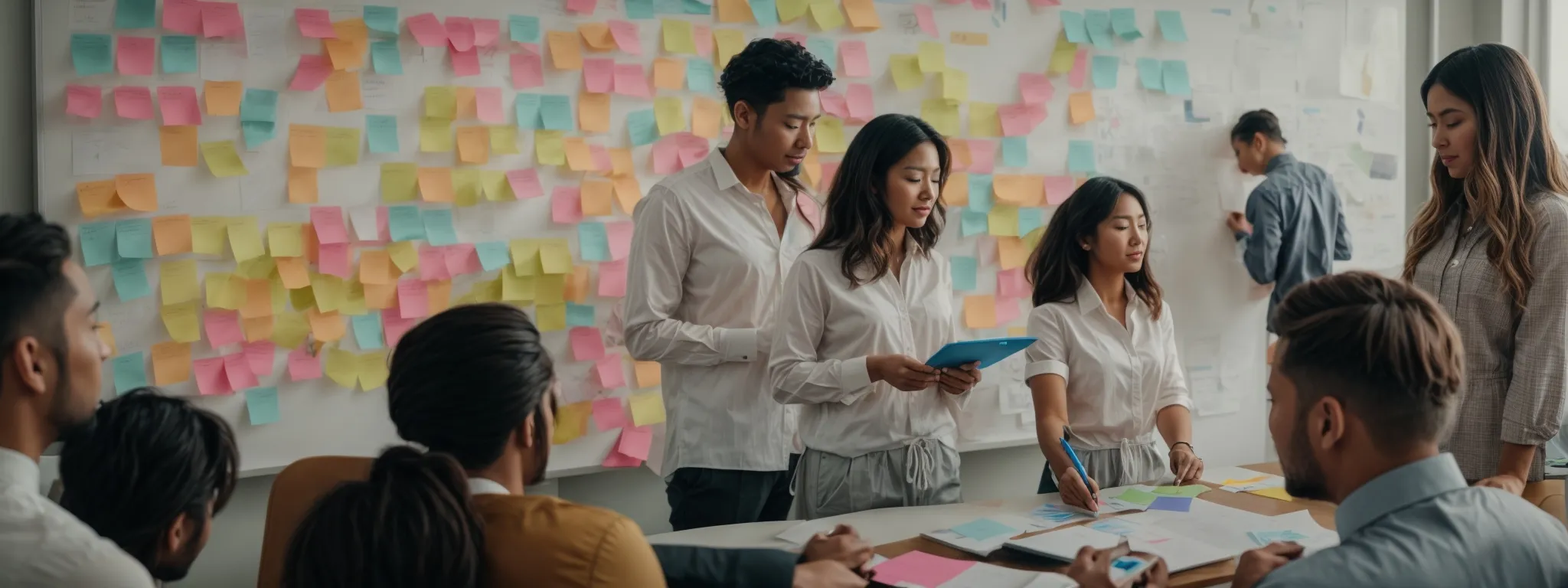 a team gathered around a whiteboard displays a colorful array of sticky notes and charts, denoting their collaborative effort in seo strategy planning.
