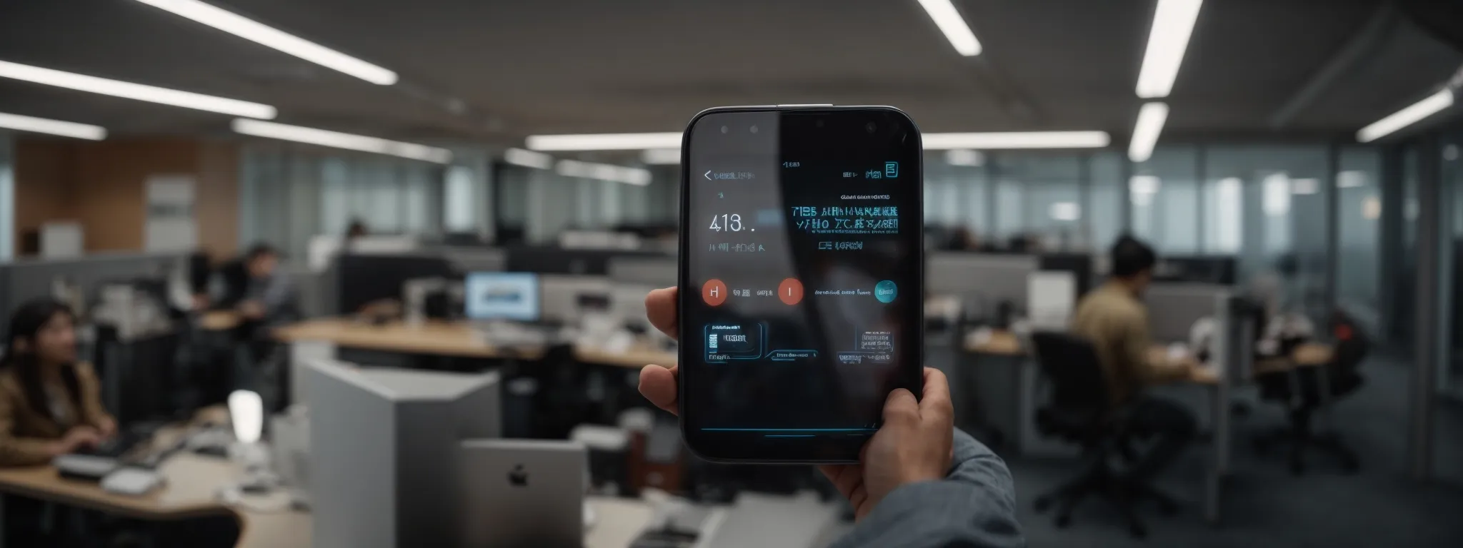 a smartphone displaying a virtual assistant interface on its screen amidst a backdrop of bustling office space emphasizing modern technology adaptation.