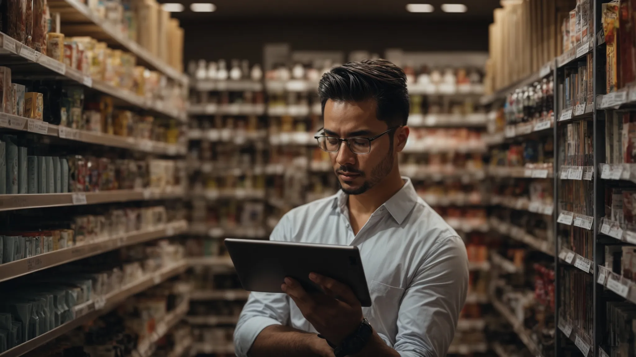 a focused individual examines a dense analytical report on a digital tablet amidst shelves of niche market products.