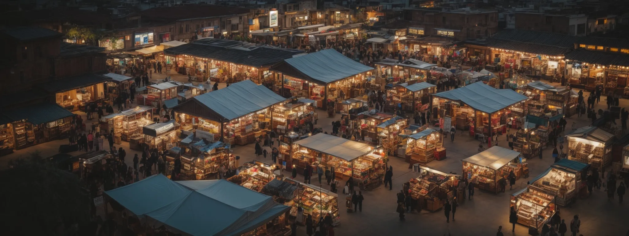 aerial view of a bustling digital marketplace with a spotlight shining on standout product displays.