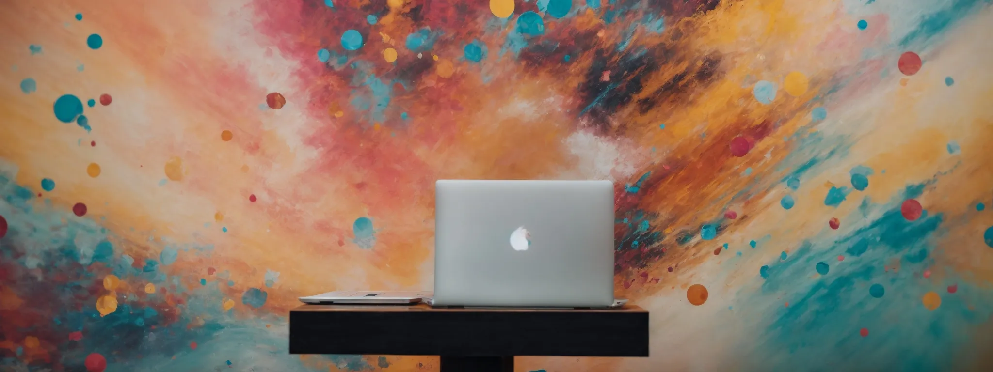 a person thoughtfully types on a laptop with a large, bright, abstract painting on the wall behind them, symbolizing the blend of creativity and technicality in seo-driven content creation.