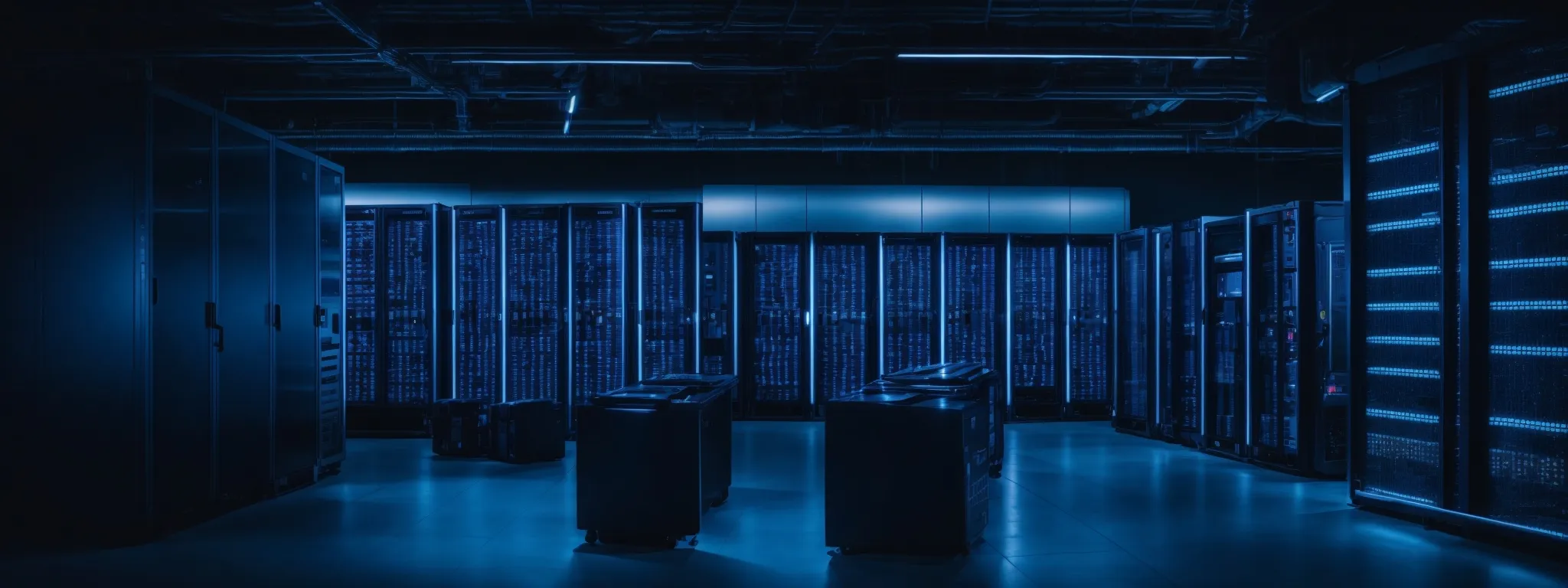 a secure server room with rows of modern computers and blue led lights indicating active data protection.