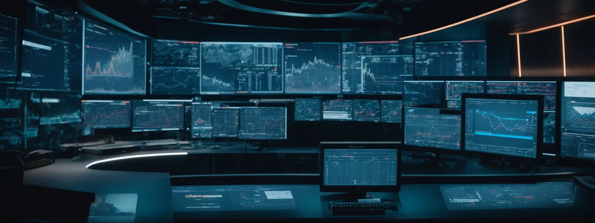 a futuristic command center with screens displaying various data analytics and graphs tracking search engine patterns.