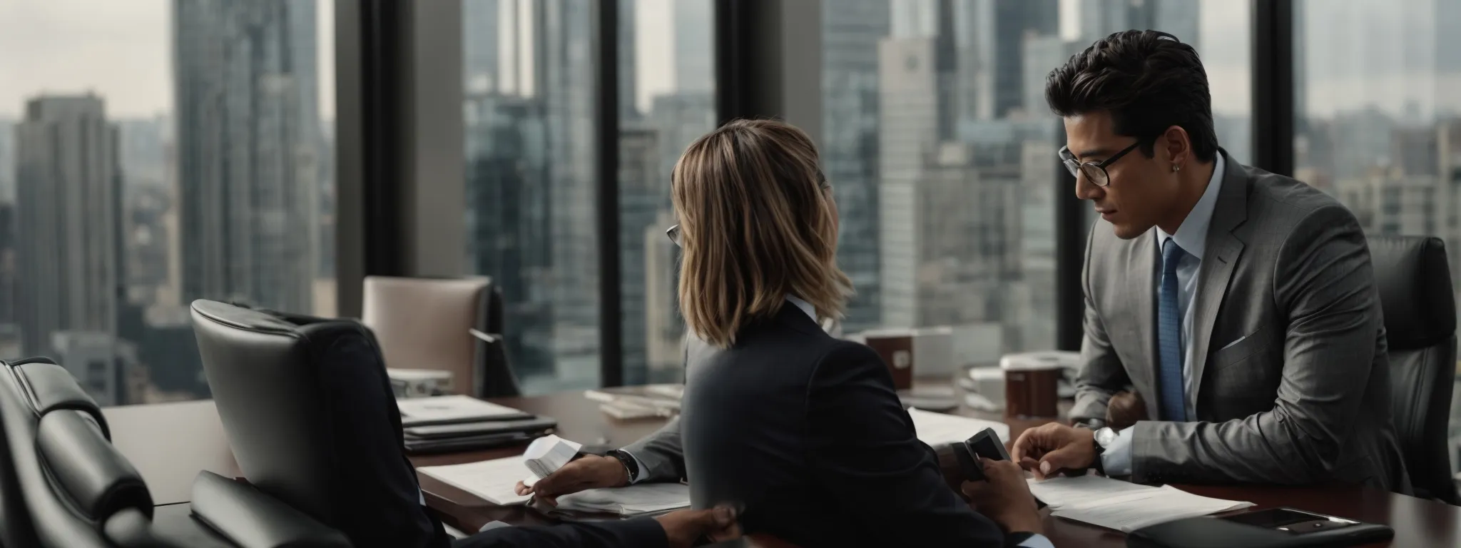 a professional meeting between a loan officer and a client inside a modern office, with focus on a handshake or exchange of documents, against the backdrop of a cityscape, representing local business interaction.