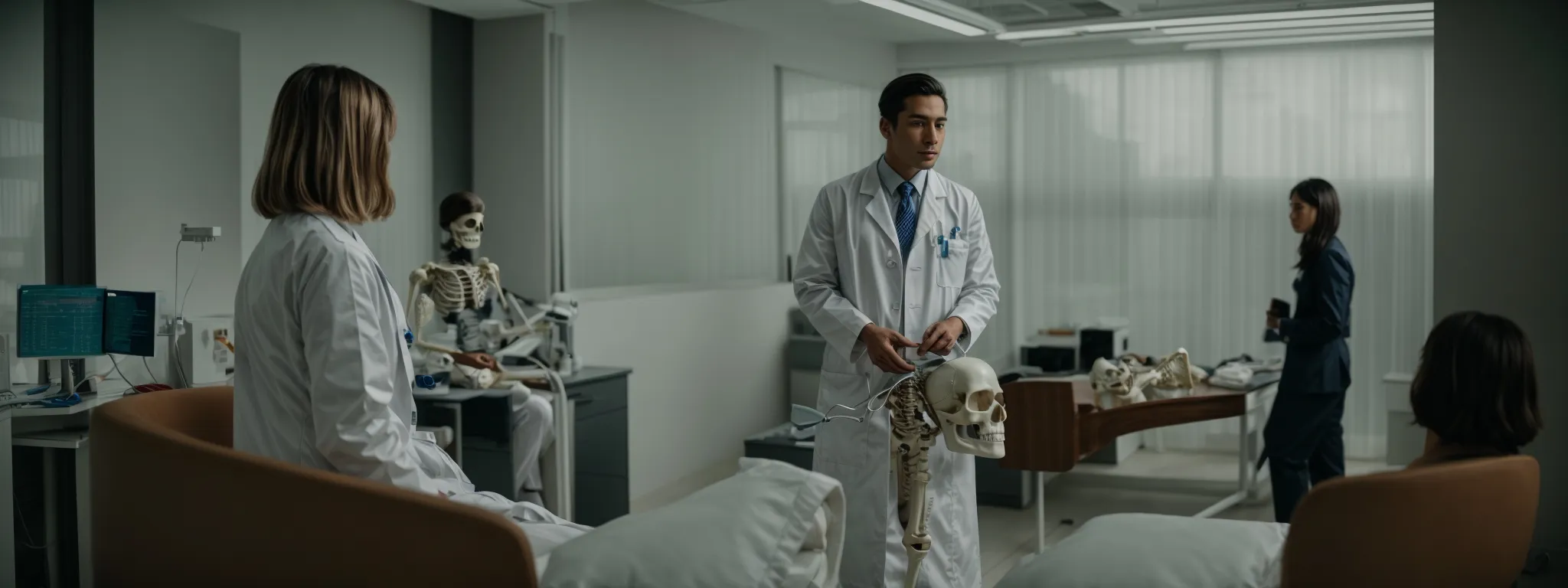 a doctor in a white coat discussing a model skeleton with a patient in a bright, modern clinic.