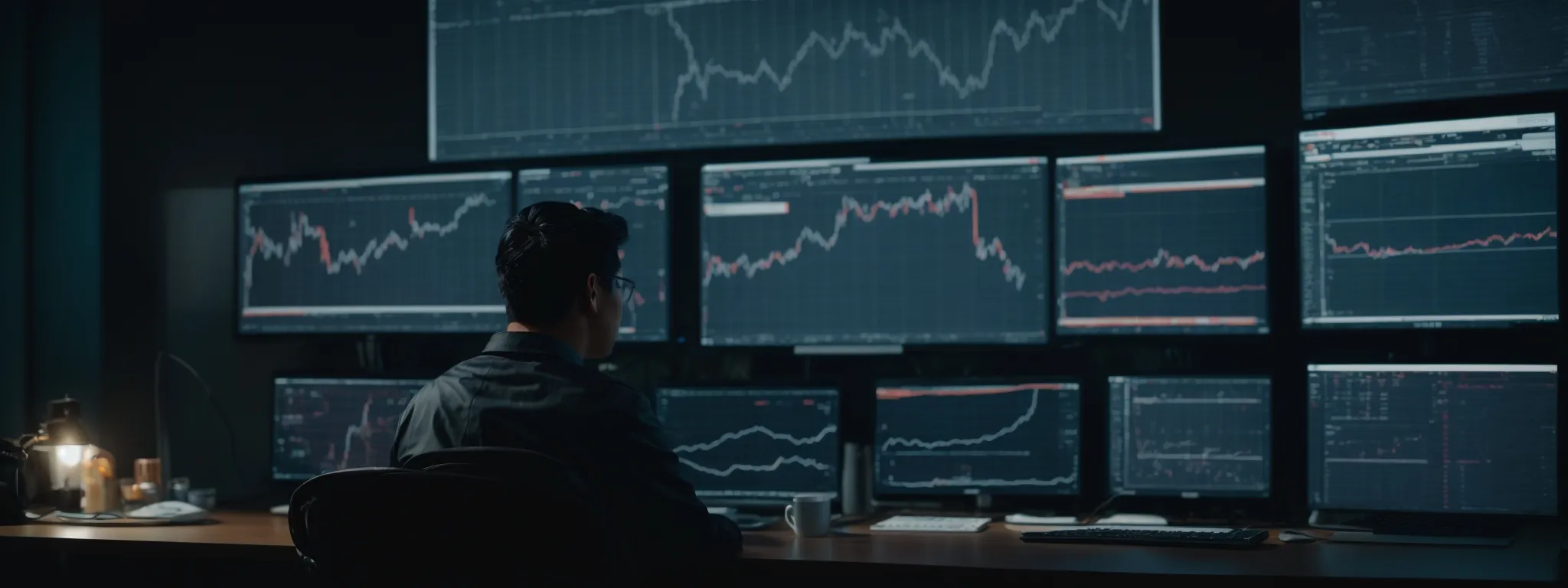 a person sitting comfortably while intently analyzing complex data charts on a computer screen, symbolizing strategic seo optimization.