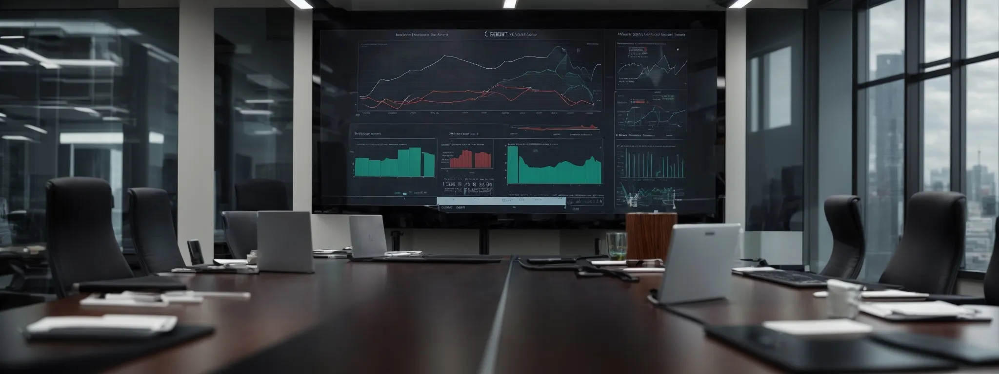 a professional meeting room with a large monitor displaying graphs and analytics.