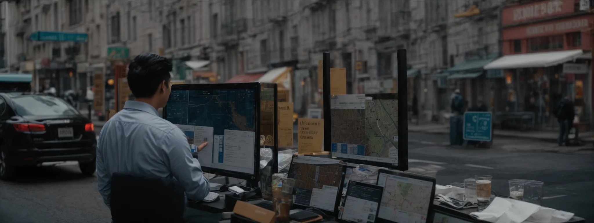 a business owner examines a computer screen displaying a google maps location pin amidst various city streets.