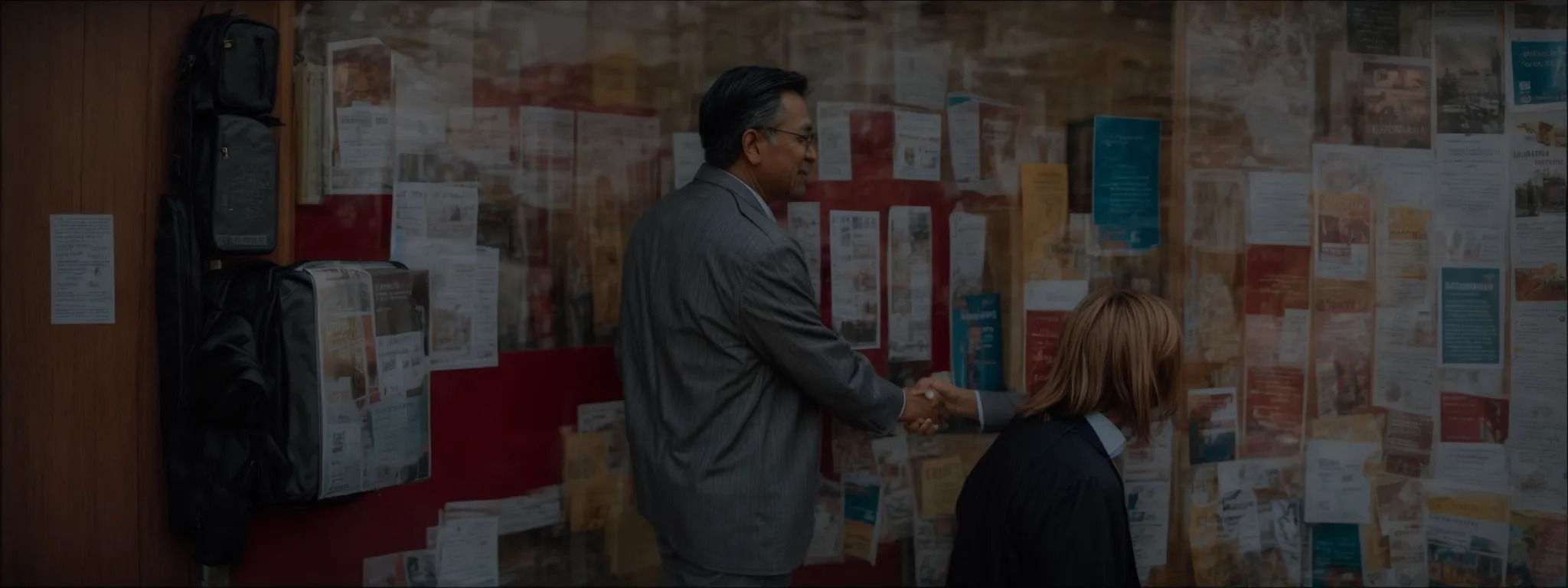 a businessperson shakes hands with a local shop owner in front of a flyer-covered community bulletin board.