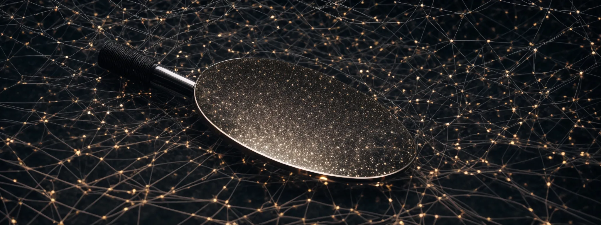 a magnifying glass poised over a complex network of connected dots, symbolizing a meticulous analysis of backlinks.