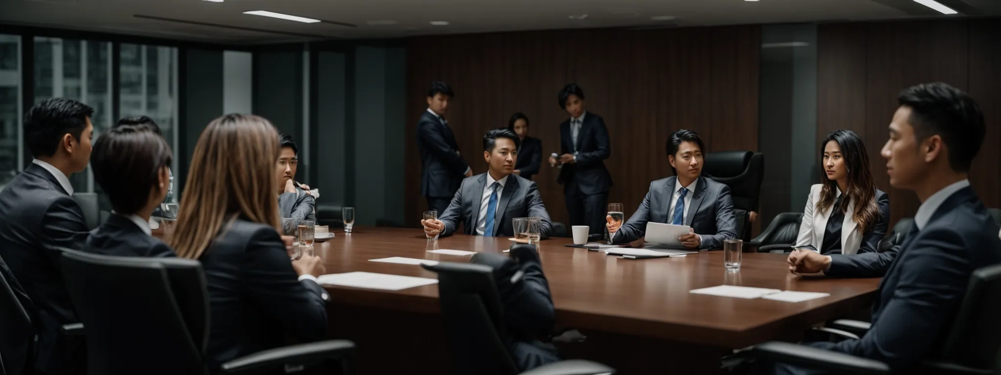 a business meeting with an seo consultant and company executives taking place in a modern conference room.