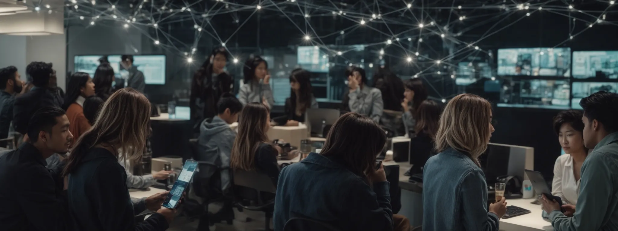 a group of diverse people engaging with social media on various devices, overlooking an expansive network of interconnected digital nodes.