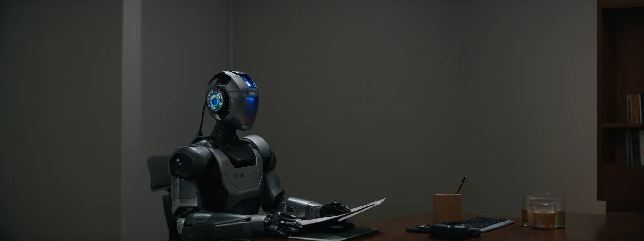 a humanoid robot sitting at a desk, reviewing a document titled 