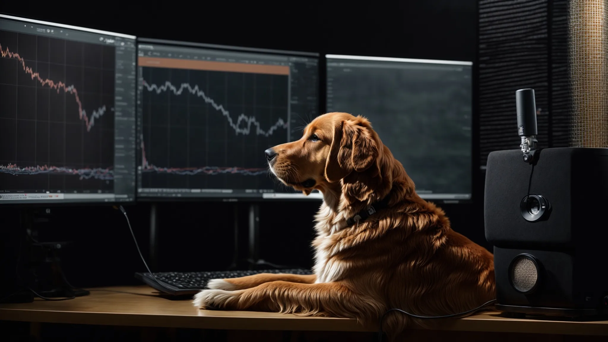 a golden retriever sits before a microphone, as a computer screen displays sound waves in the background.