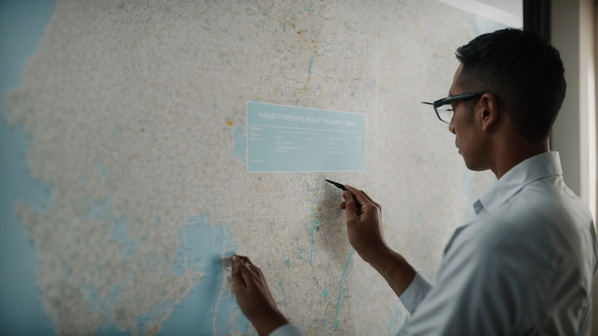 a business owner marking their company on a giant interactive digital map for local visibility.