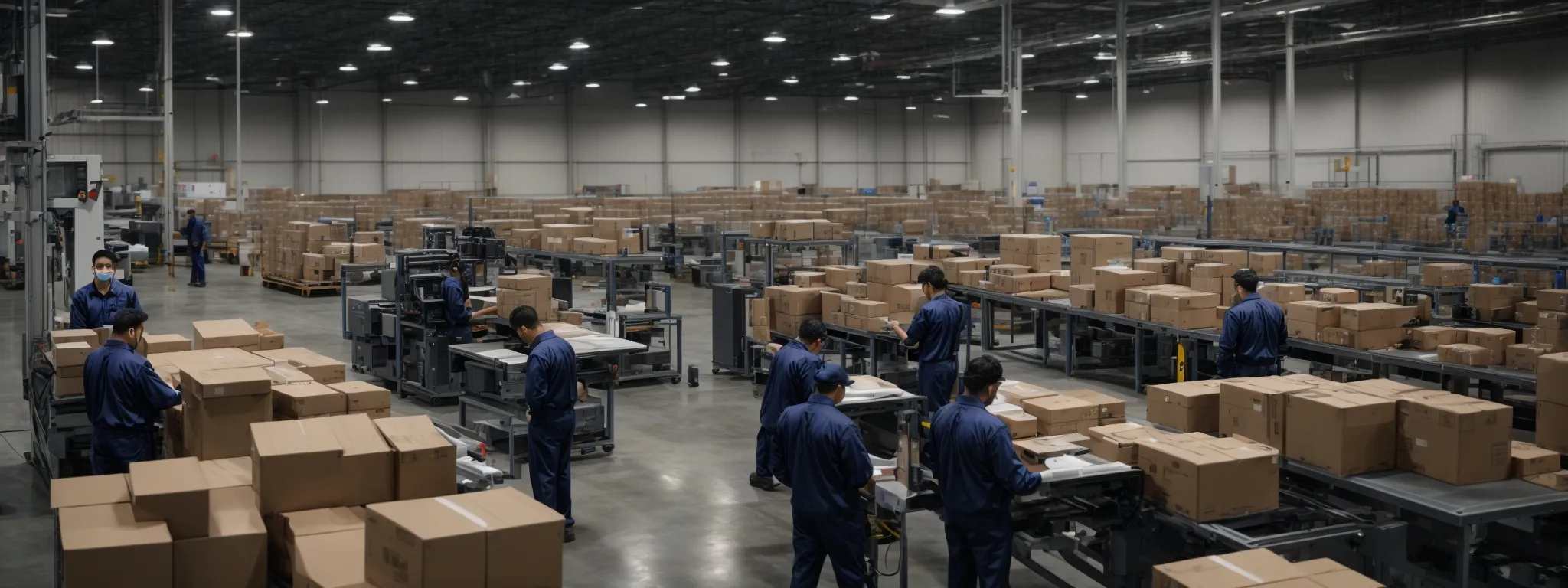 a streamlined warehouse operation with workers efficiently organizing and scanning boxes using advanced software on tablets and computers.