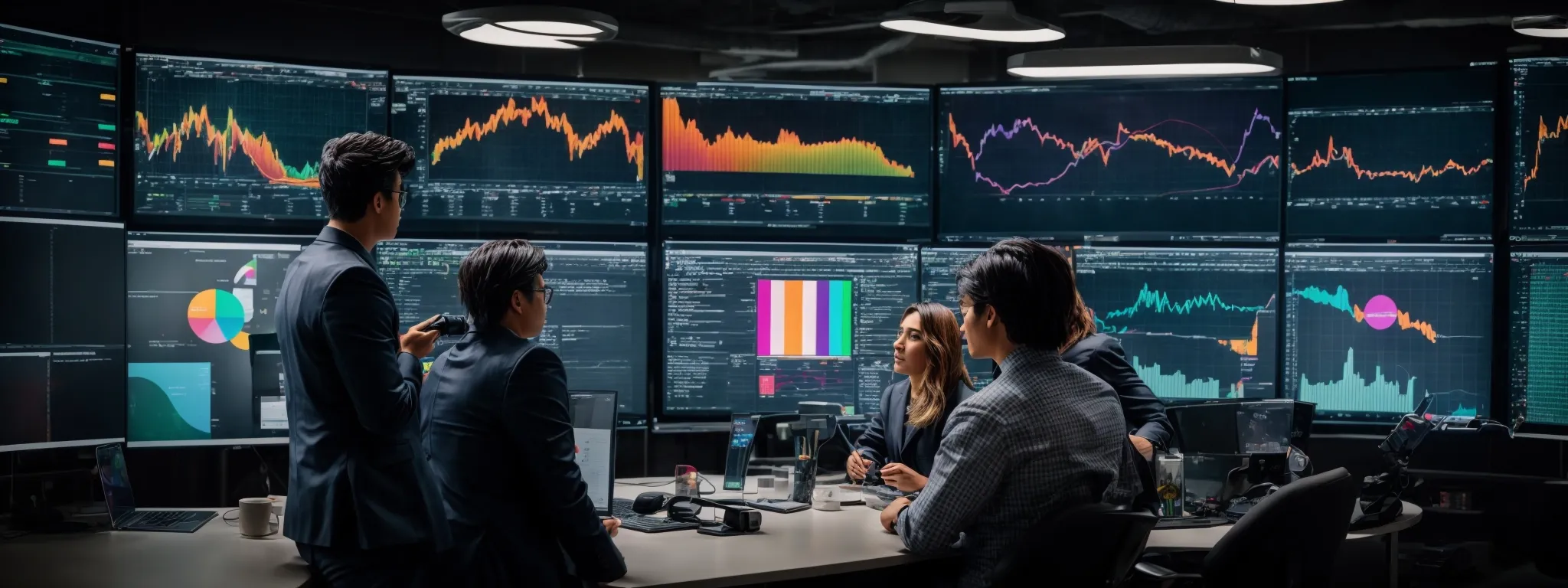 a team of professionals strategizing around a large monitor displaying colorful social media analytics graphs.