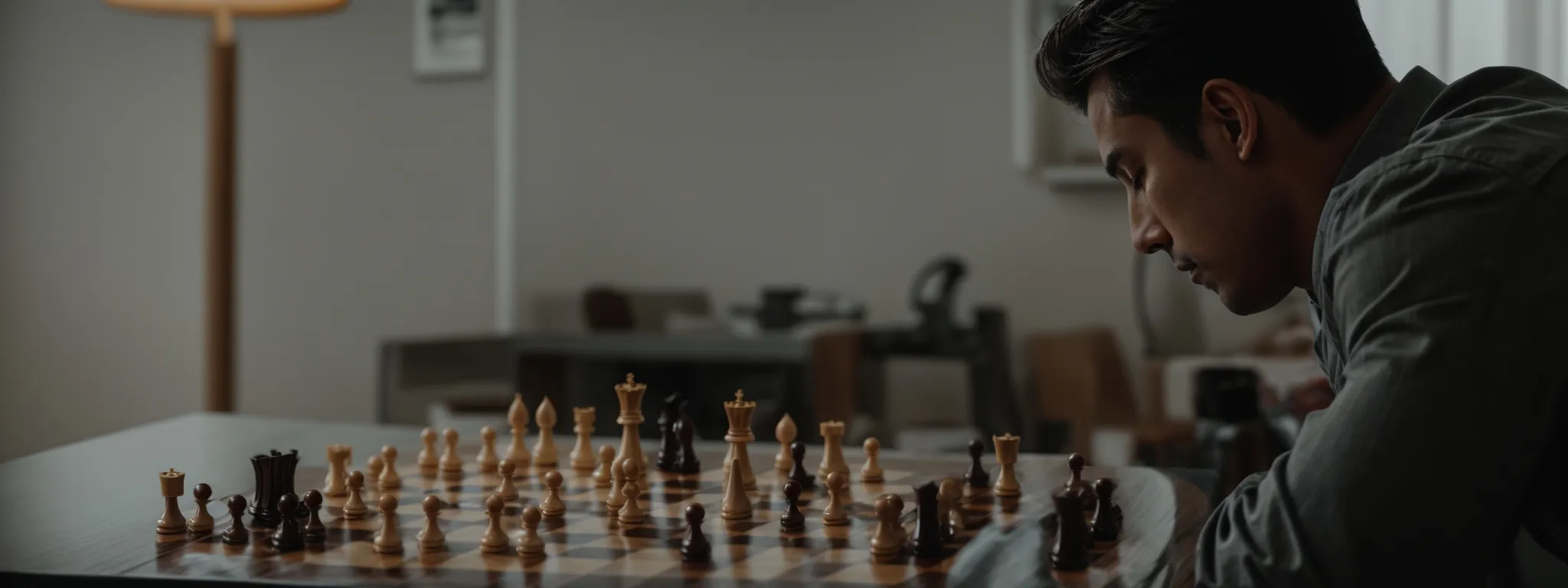 a chessboard with one player contemplating a move, symbolizing strategic planning and decision-making.