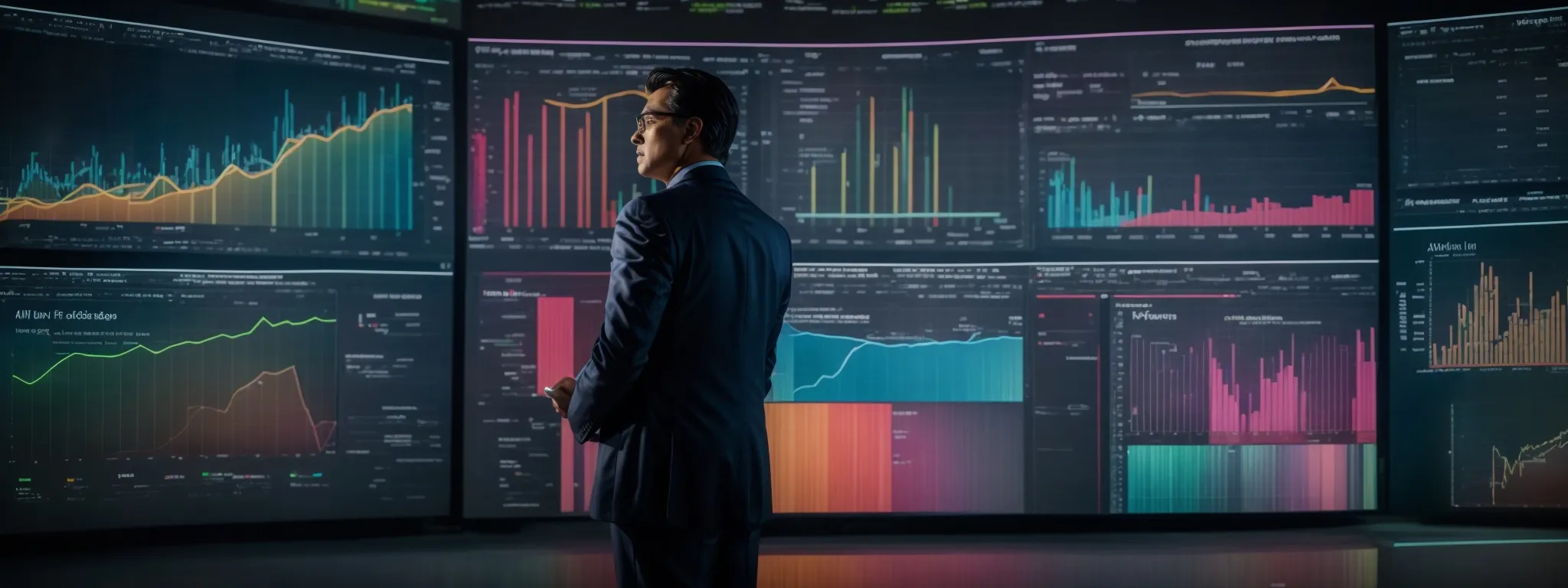 a ceo stands before a large digital screen displaying colorful data analytics graphs and charts, strategizing for a company's seo campaign.