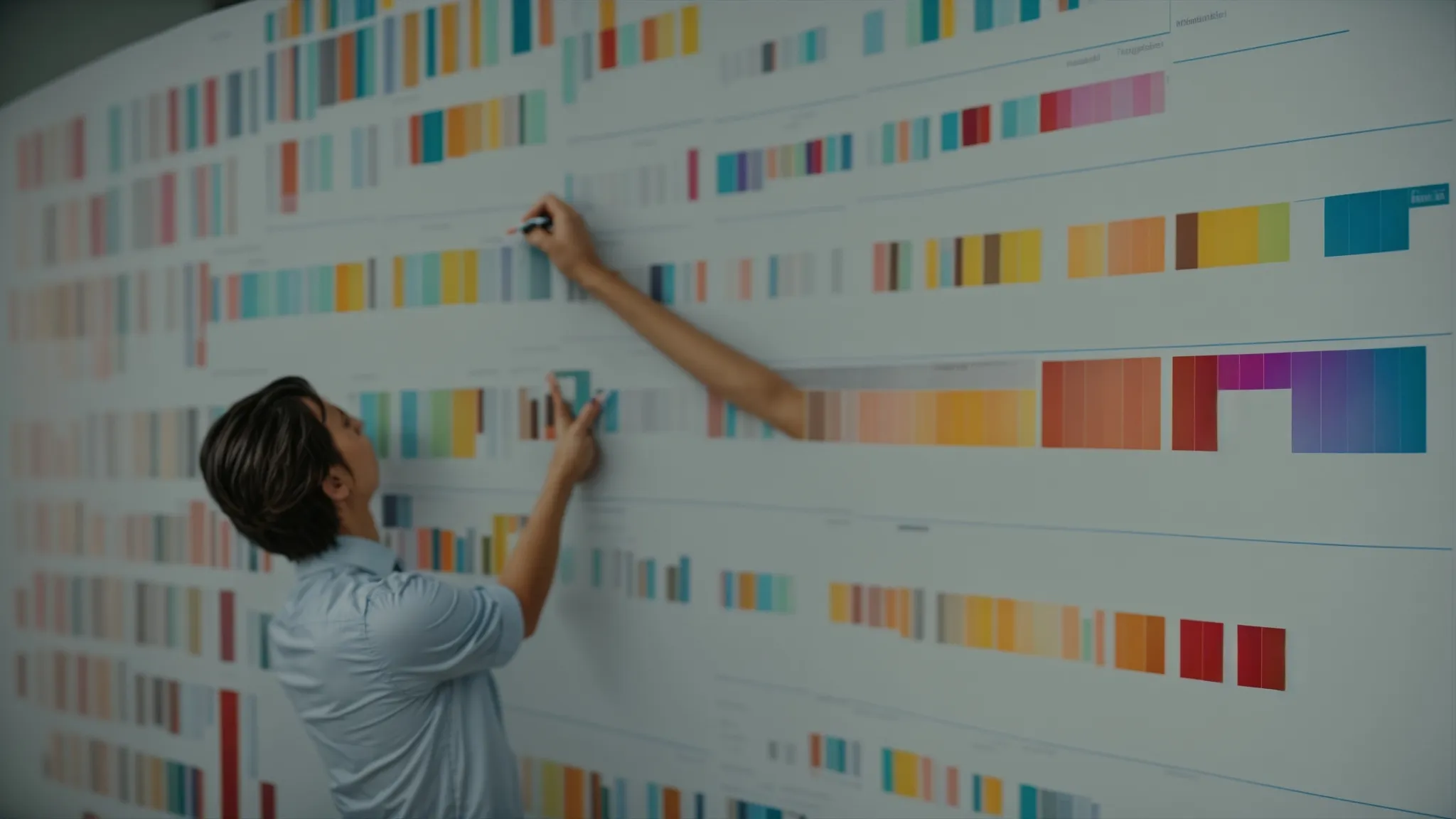 a marketer reviews a large, printed data chart on a wall, making connections with colored markers.
