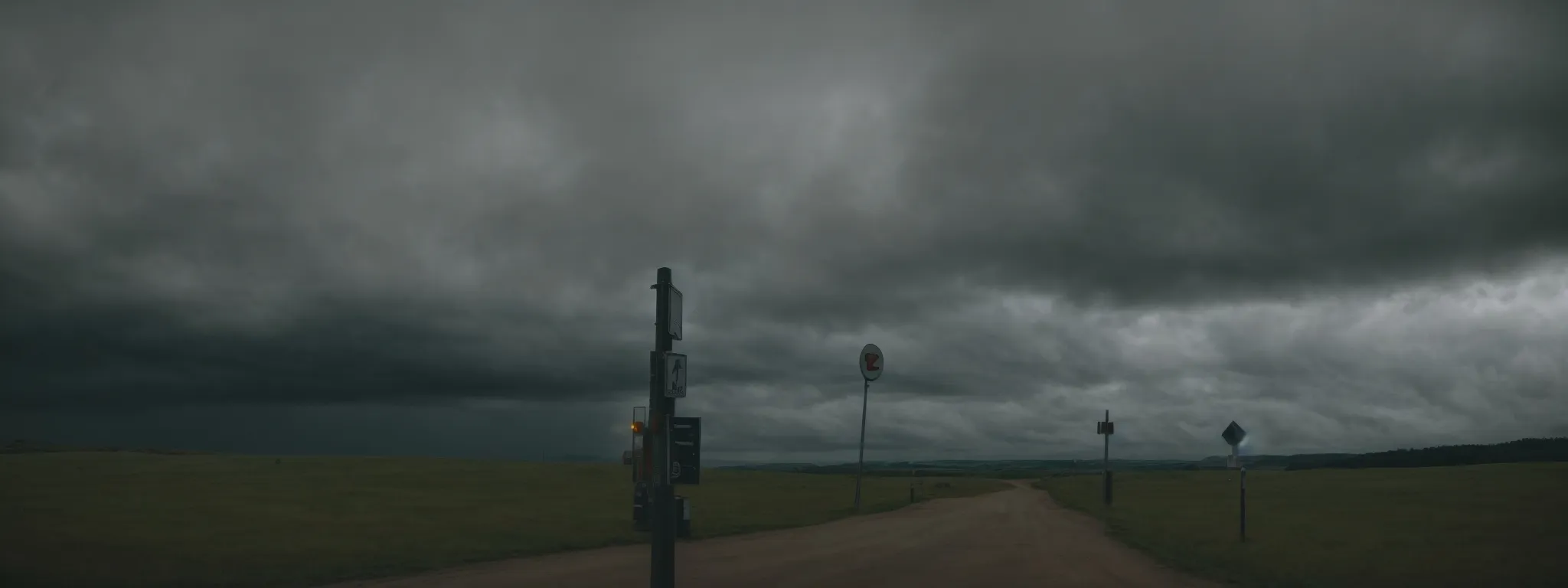 a determined figure standing at a crossroad signpost under a cloudy sky, symbolizing the ethical choices faced in seo.