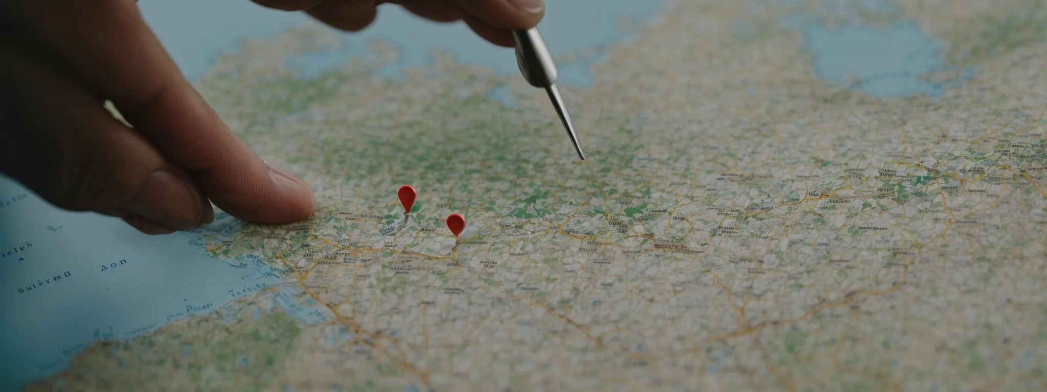 a business owner placing a pin on a map to symbolize pinpointing their store's location for optimized local search visibility.