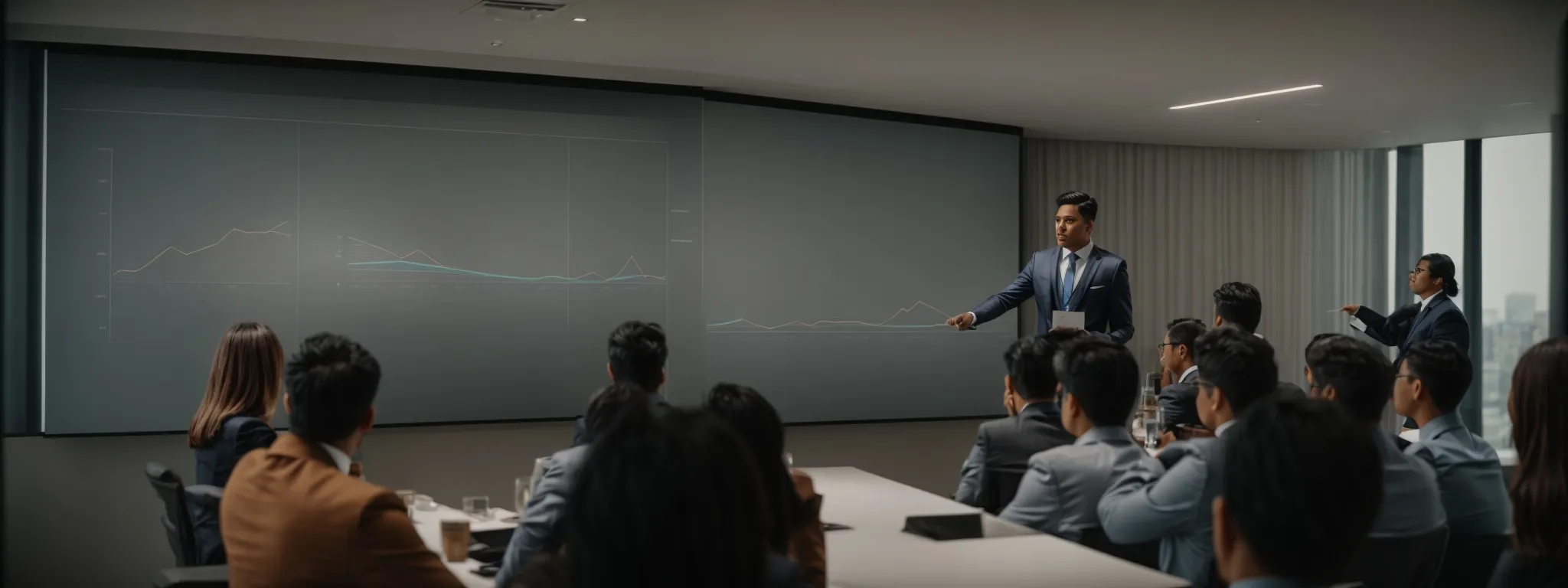 a confident individual presents a graph highlighting growth trends to an attentive group in a modern conference room.