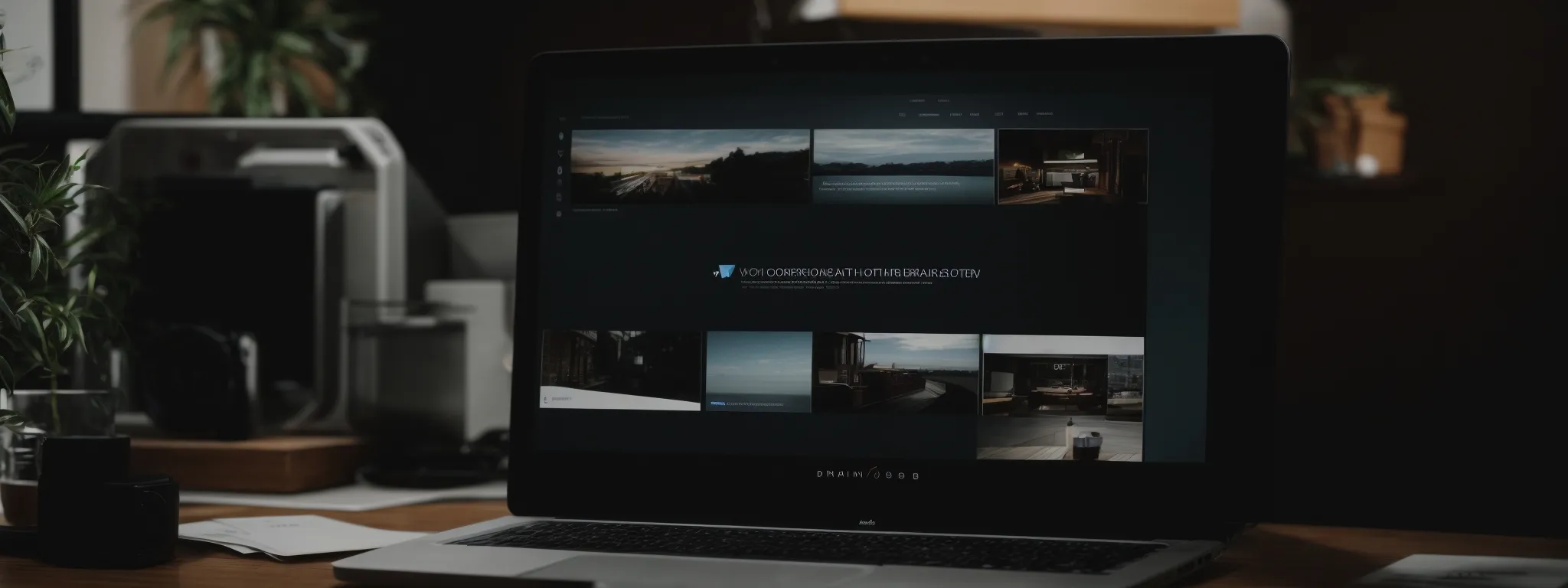 a desktop with an open laptop displaying a website interface for a photography portfolio.