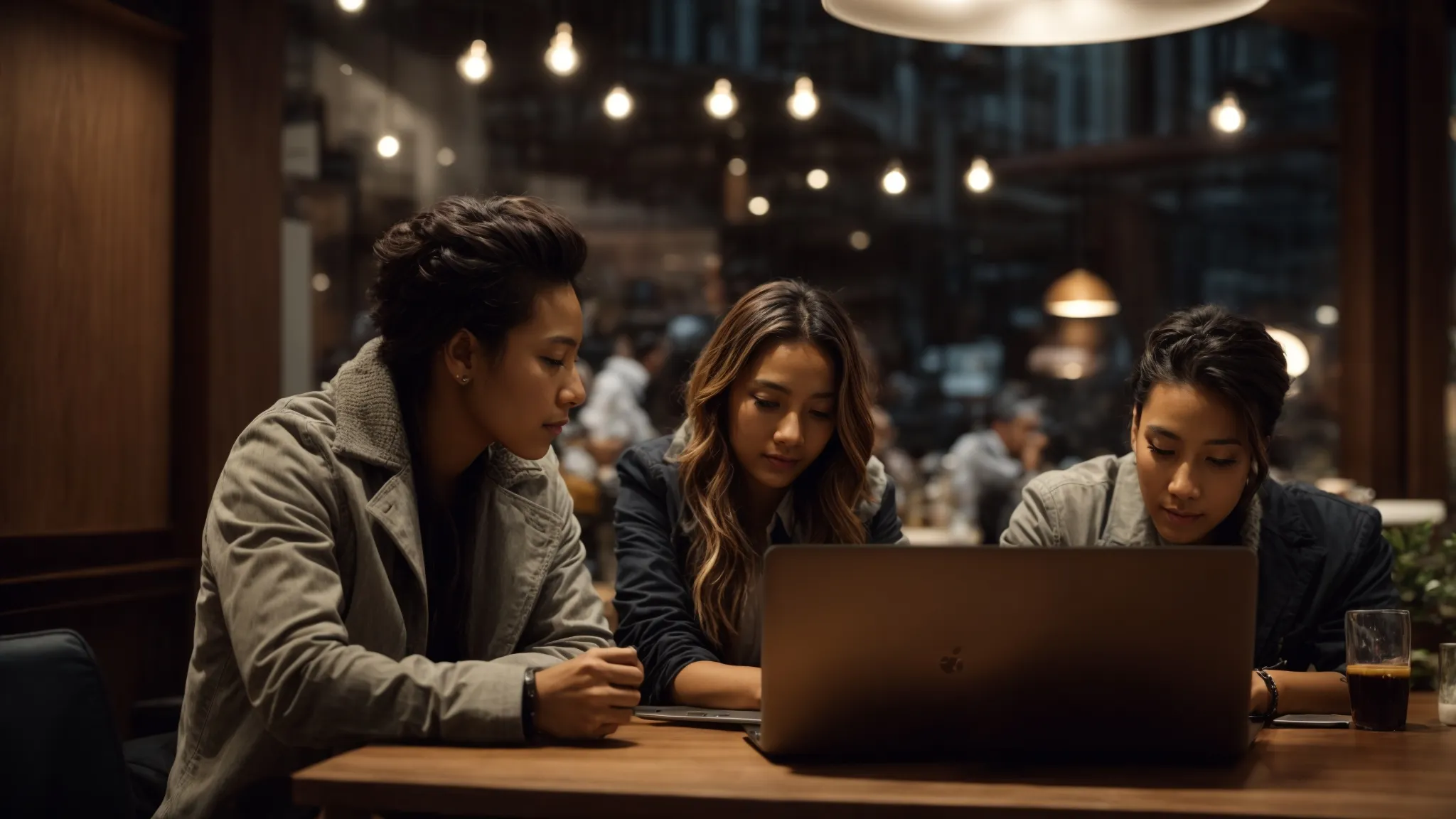 a group of entrepreneurs brainstorming around a laptop in a cozy cafe.
