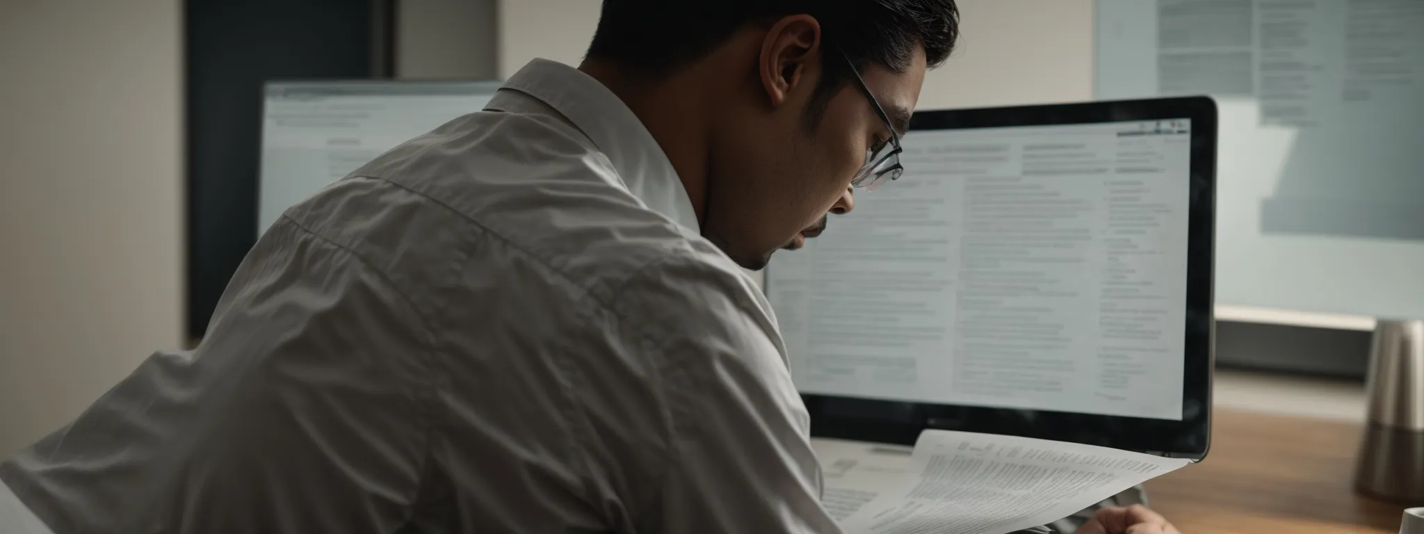 a focused individual intently reviewing documents on a computer screen, symbolizing strategic planning for financial aid applications.