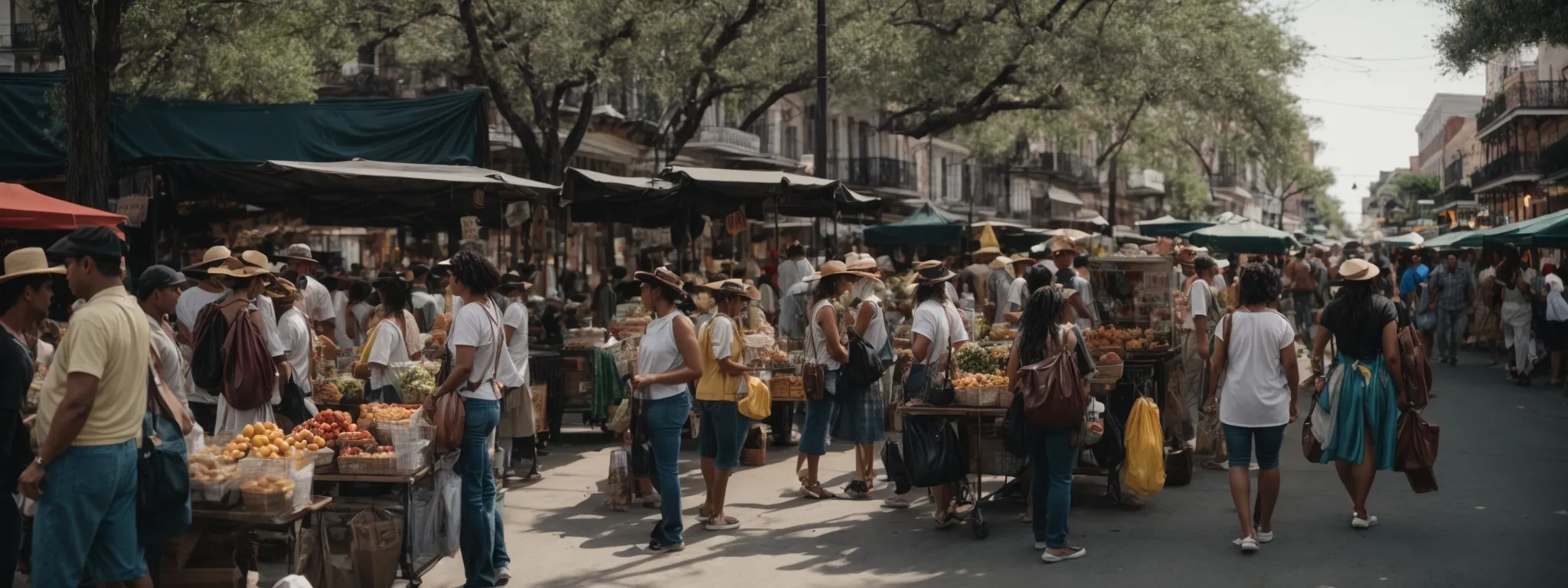 a bustling new orleans street market with vendors and local businesses attracting online-savvy customers.