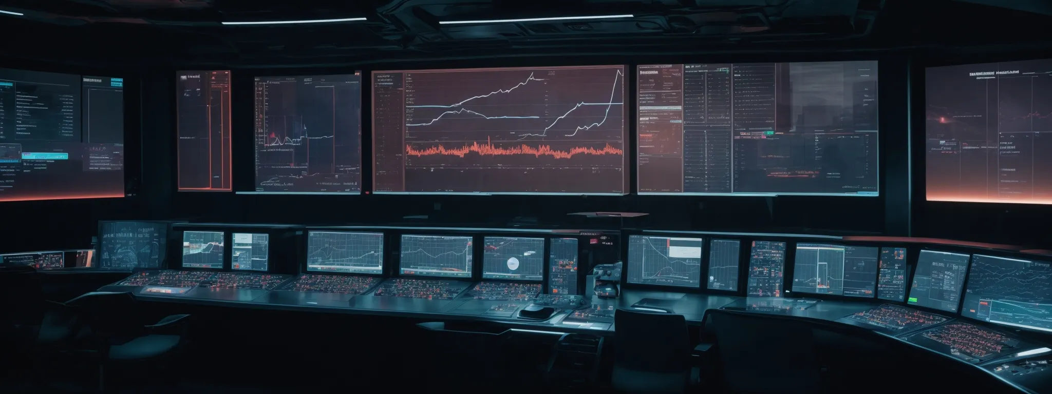 a futuristic control room with screens displaying various data visualizations and graphs.