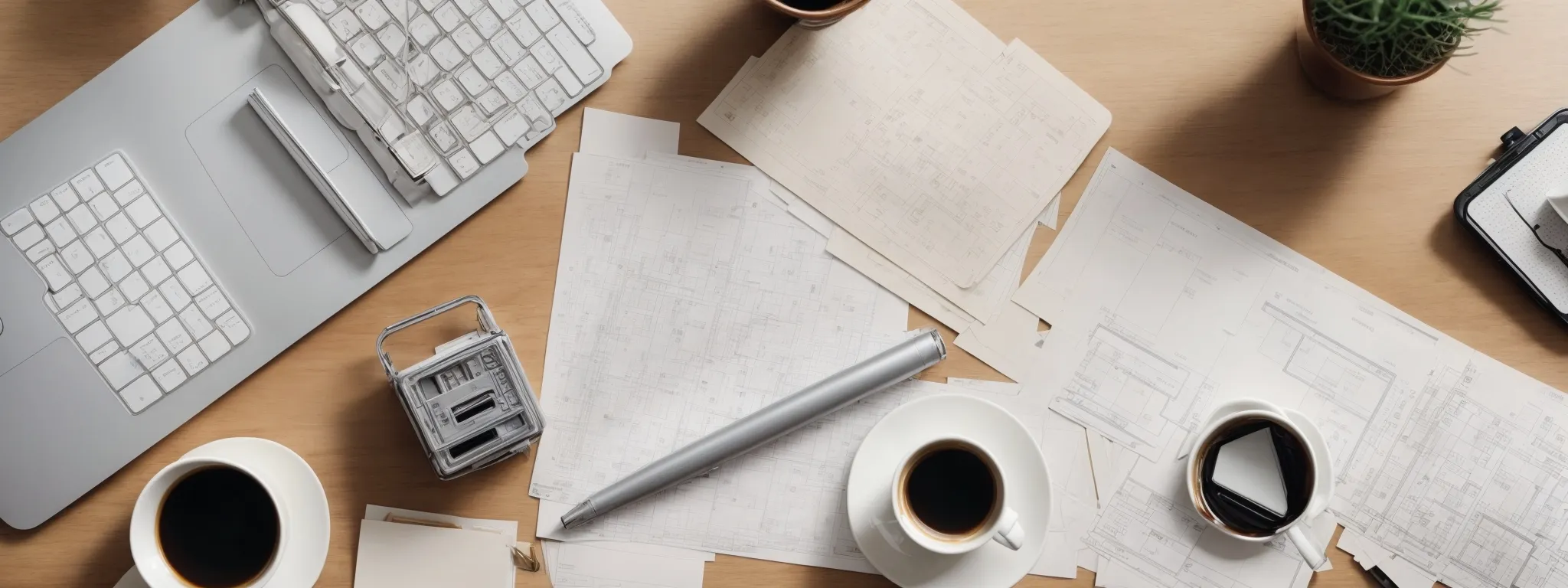 a top-down view of a neatly organized workspace with an open laptop, a notepad, and a coffee cup amidst the conceptual blueprints of website wireframes.
