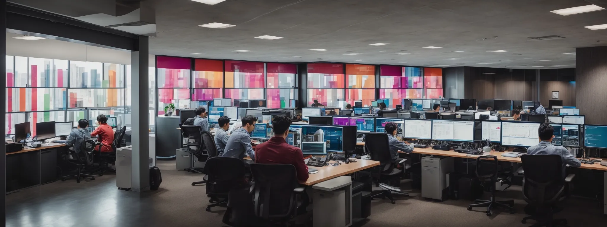 a bustling digital marketing office, with employees intently working on computers displaying colorful graphs and marketing analytics.