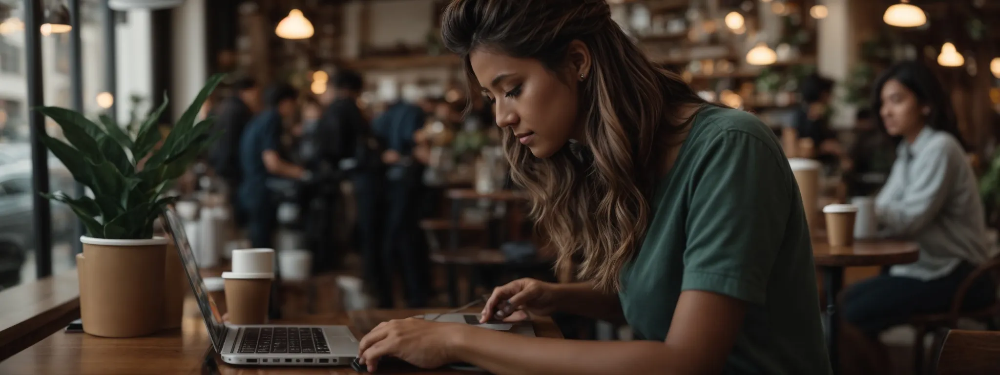 a freelancer at a cozy coffee shop optimizes a website on a laptop amidst a bustling background of other independent workers.