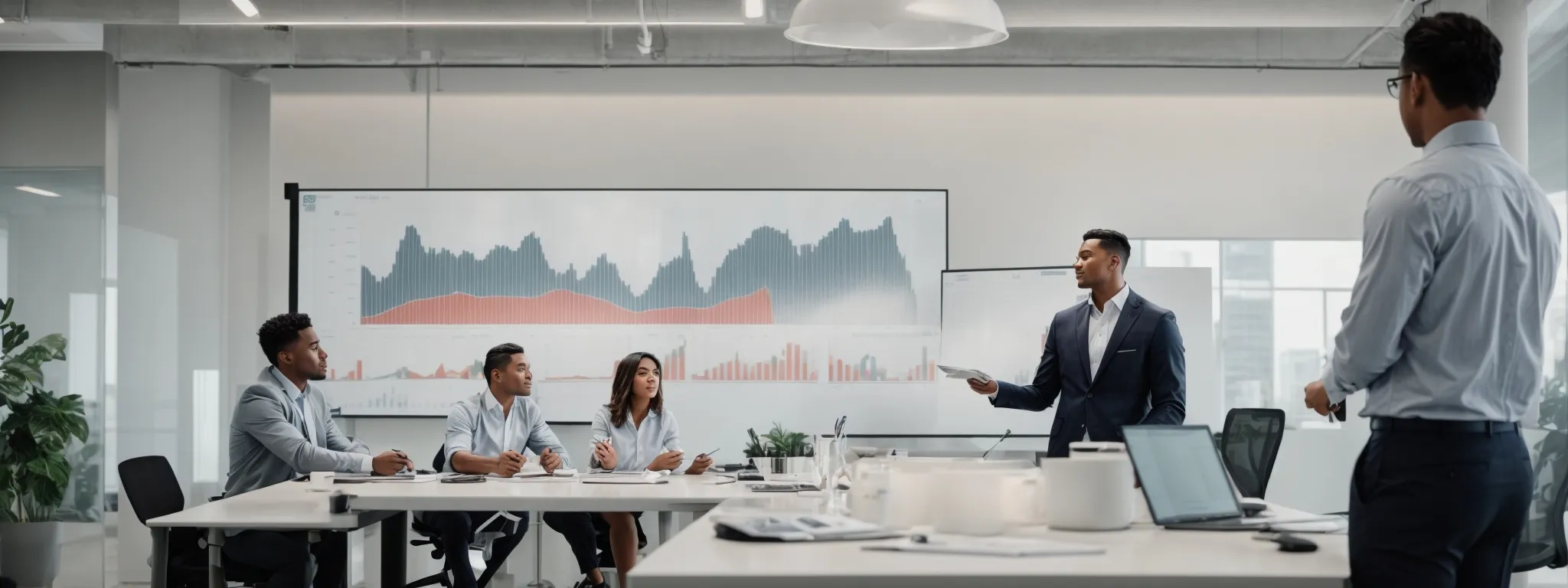 a confident professional presenting growth charts to a team in a bright, modern office.