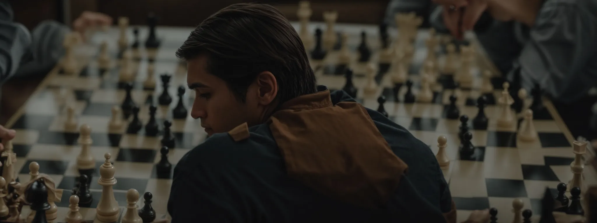 a chess player contemplates a strategic move on the board, symbolizing the tactical approach to backlink strategies in seo.
