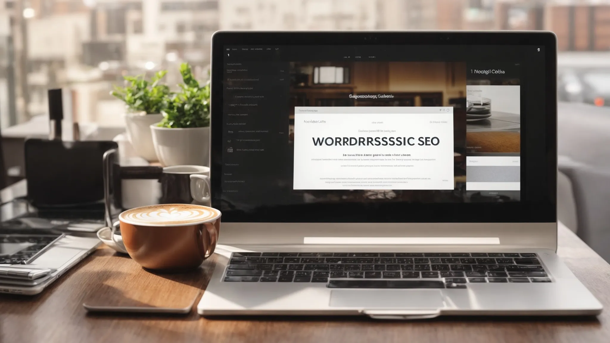 an open laptop with a google analytics dashboard on the screen beside a coffee cup and notepad with the title "wordpress seo tips."