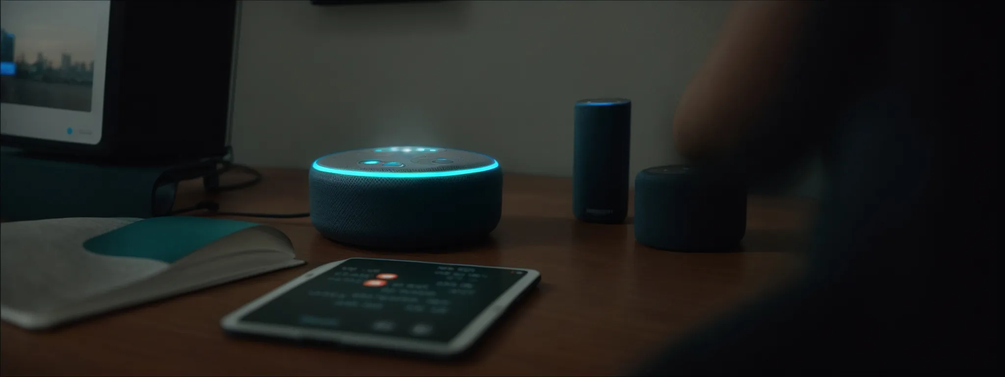 a person speaks into an amazon echo device, activating alexa for a voice search.